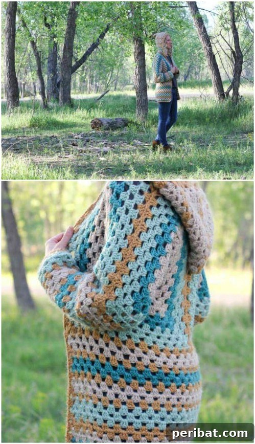 Crocheted Campfire Cardigan made with granny hexagons and a hood
