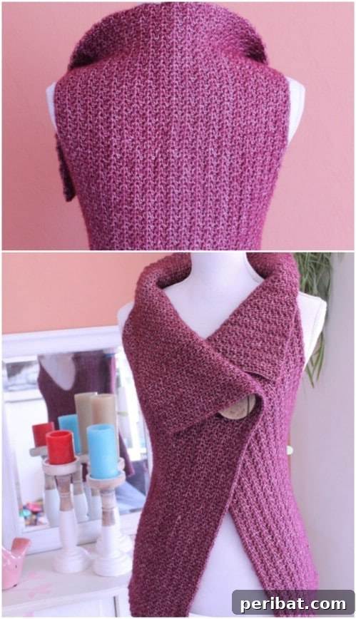 Peek-A-Boo Button Wrap Cardigan, a simple vest-like design with a single button