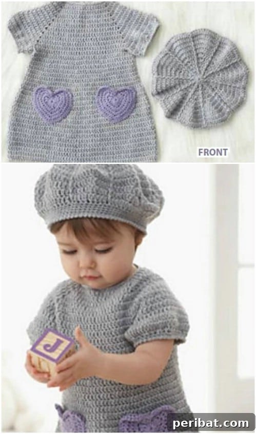 50 Irresistible Crochet Baby Projects to Craft Right Away 51 Crochet Dress with Heart Shaped Pockets and Beret
