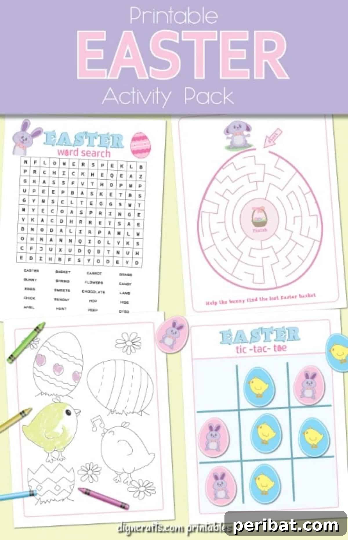 Hop into Fun! 9 Free Easter Coloring & Activity Printables 3 Preview of the second pack of the Easter printables and coloring pages, featuring an Easter word search, another charming coloring page, a 'draw a line' game, and Easter Tic Tac Toe.