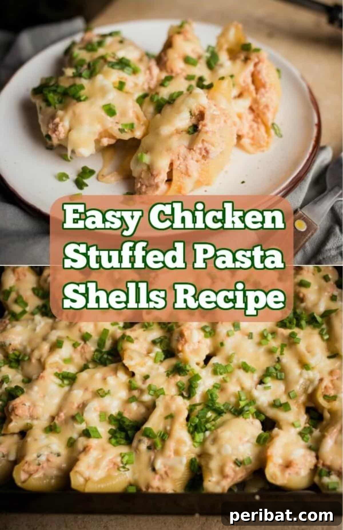 Close-up of baked chicken stuffed pasta shells, garnished with fresh herbs, ready to serve.