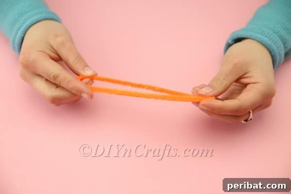 Orange pipe cleaner folded in half to form a leg