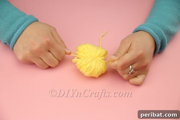 Craft Adorable Pom-Pom Easter Chicks at Home 6 Tying yarn bundle for pom-pom center