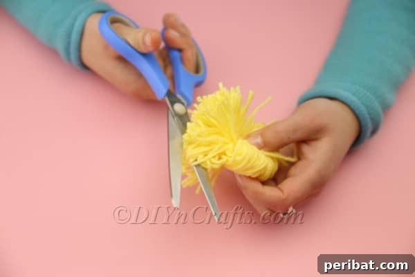 Pom-pom with cut loops, showing loose ends