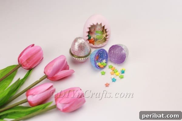 Transform Your Plastic Eggs: Easter Decor DIY 14 Finished decorated plastic Easter eggs.