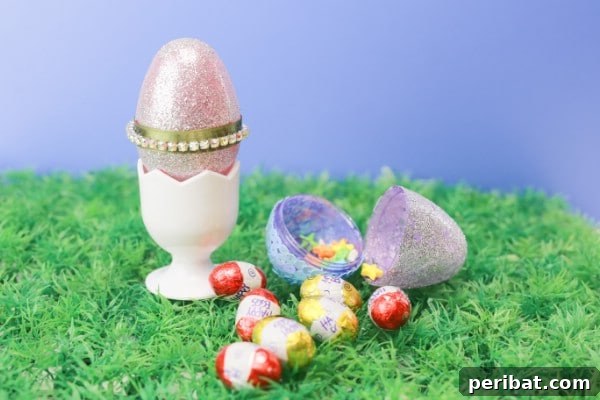 Beautifully decorated plastic Easter eggs with glitter and rhinestones.