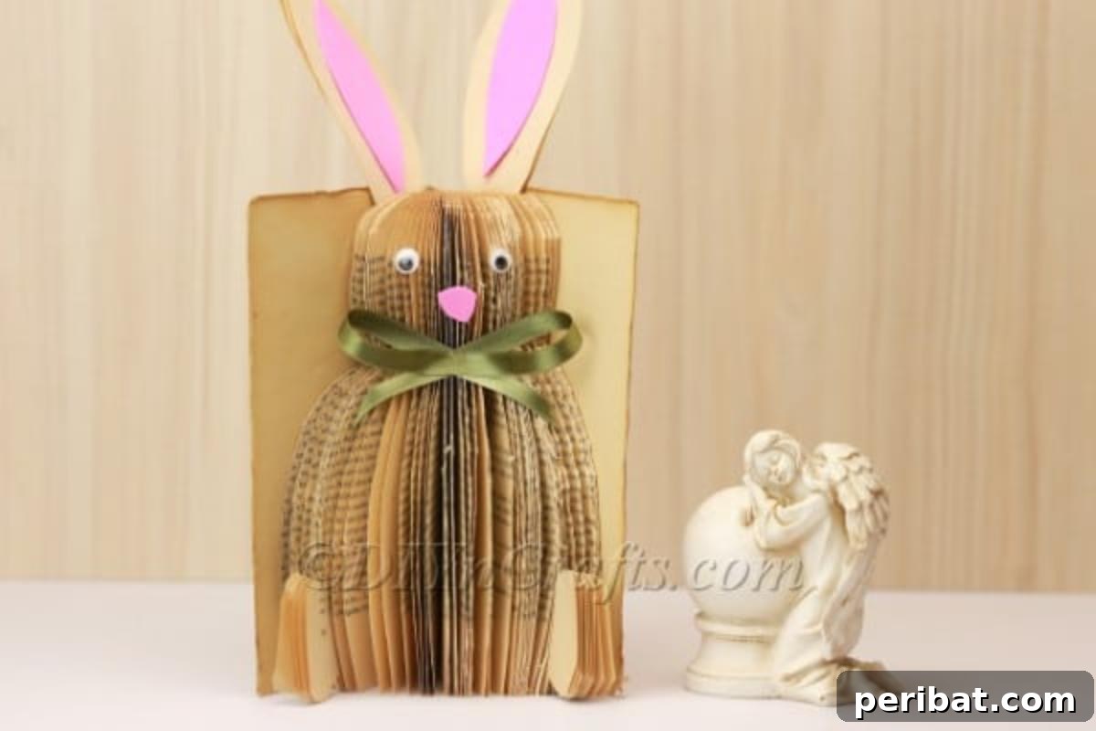 DIY Easter Bunny From a Repurposed Book 18 The finished old book bunny decoration, ready for display.