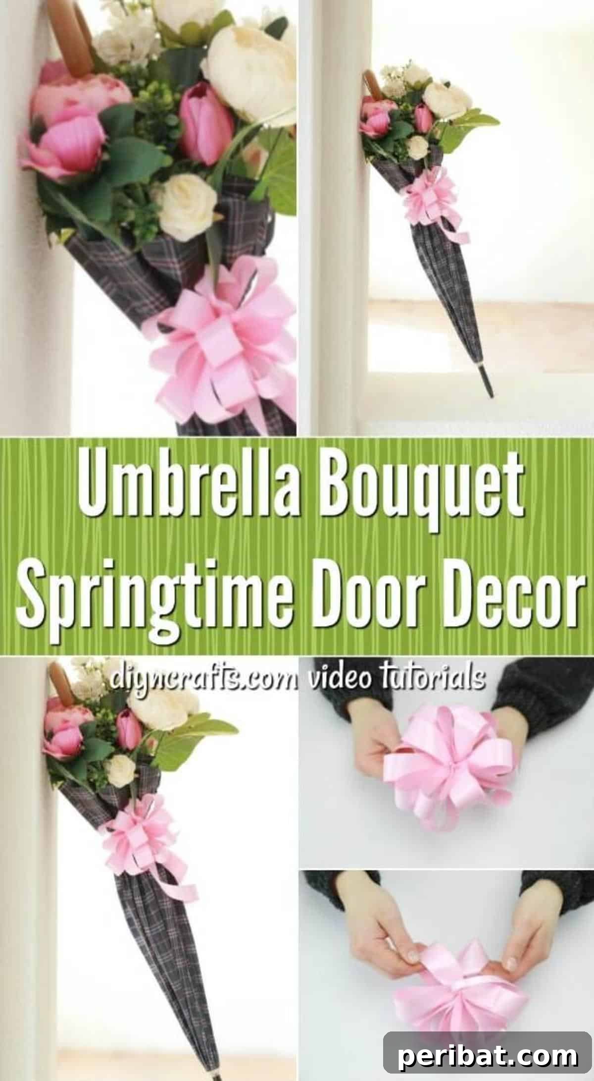 Stunning DIY umbrella bouquet filled with colorful spring flowers, perfect for Easter door decor