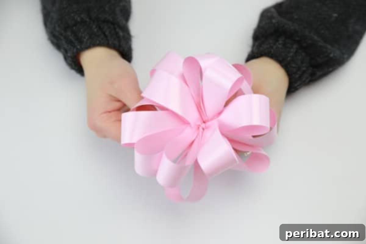 Finished, fluffed bow ready to be attached to the umbrella bouquet.