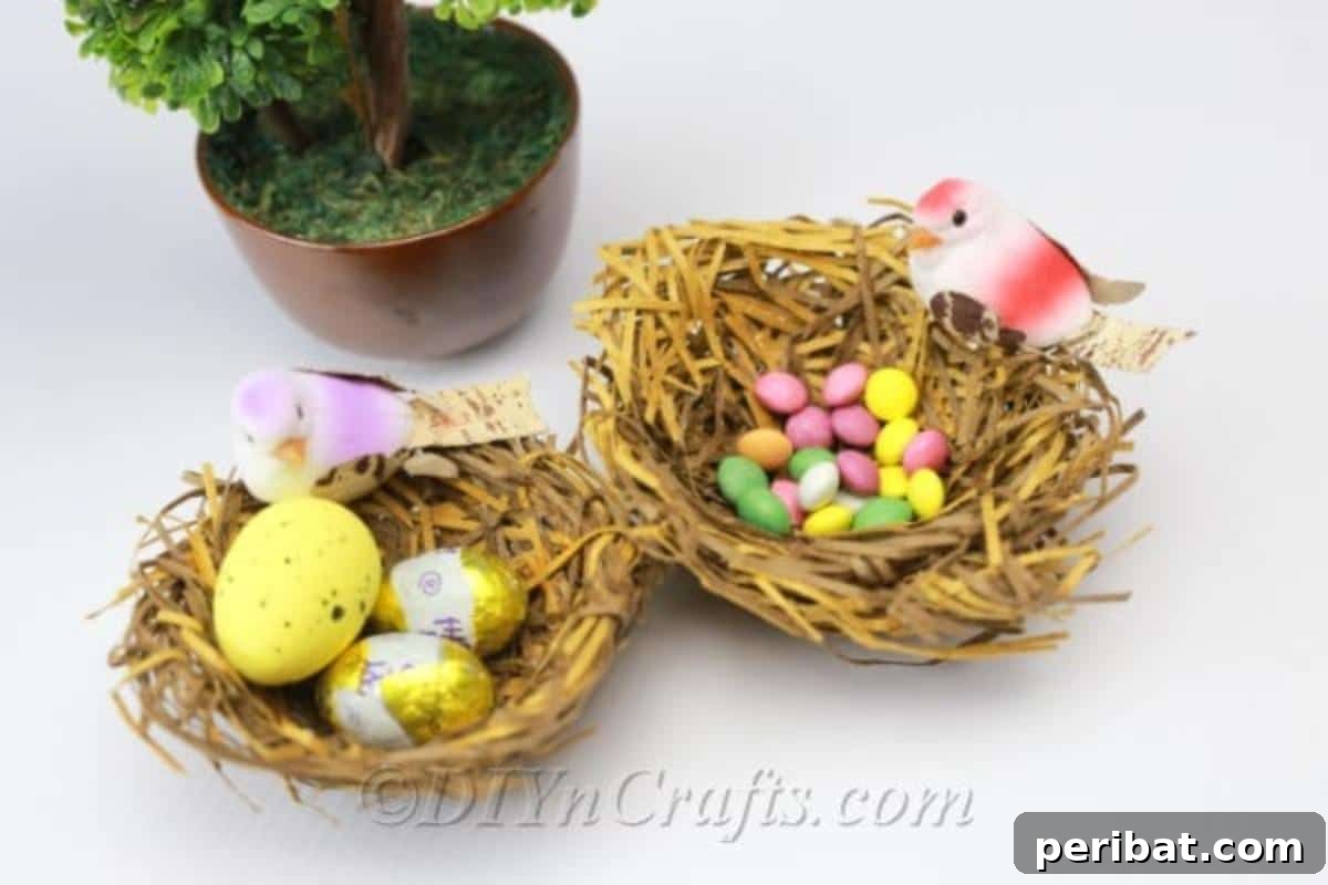 Craft a Realistic Bird Nest for Easter Treats 17 Multiple finished bird’s nest candy holders arranged together