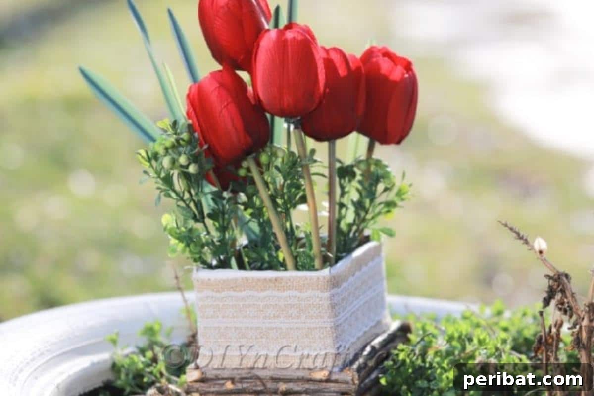 Create Beautiful Rustic Floral Displays for Easter 3 Finished flower box filled with tulips.