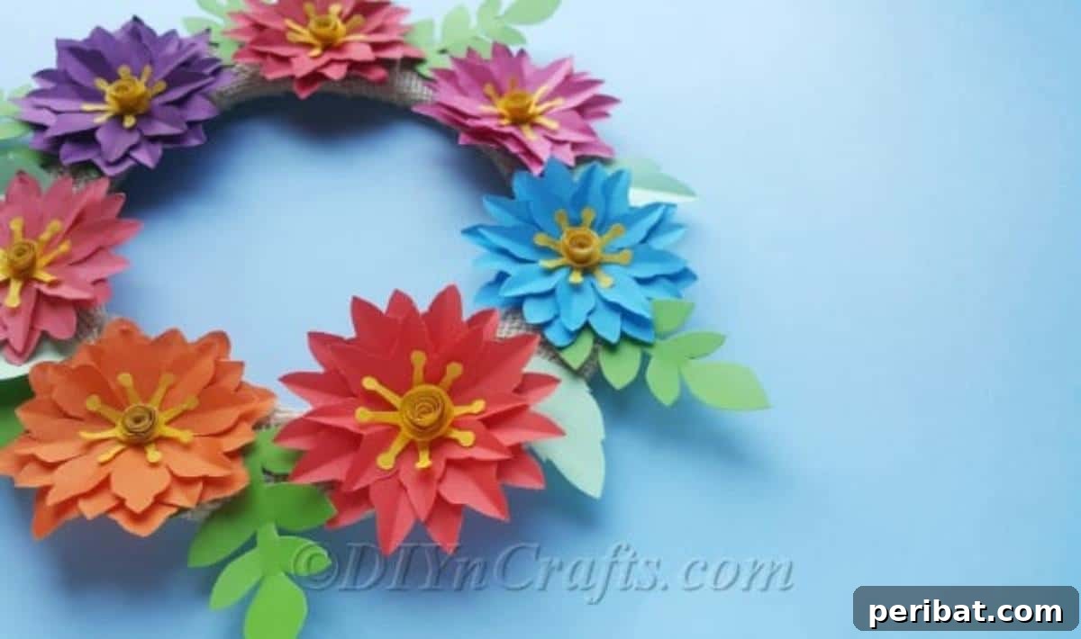 Ready to be hanged, finished paper flower wreath.