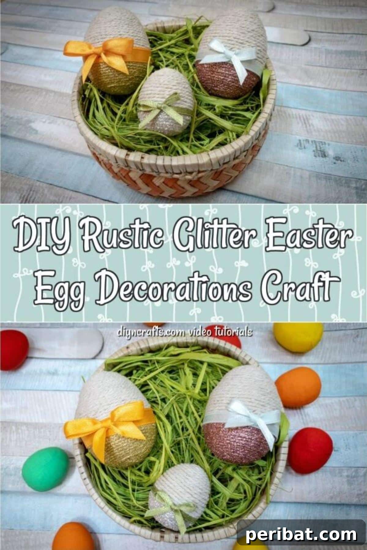 Handcrafted Rustic Glam Easter Eggs 13 Pinterest pin image: DIY Rustic Glitter Easter Egg Decorations Craft - Step-by-step instructions for making these adorable glittery Easter eggs. Twine covered eggs are decorated with glitter, ribbon, and pearls to decorate for the holiday.