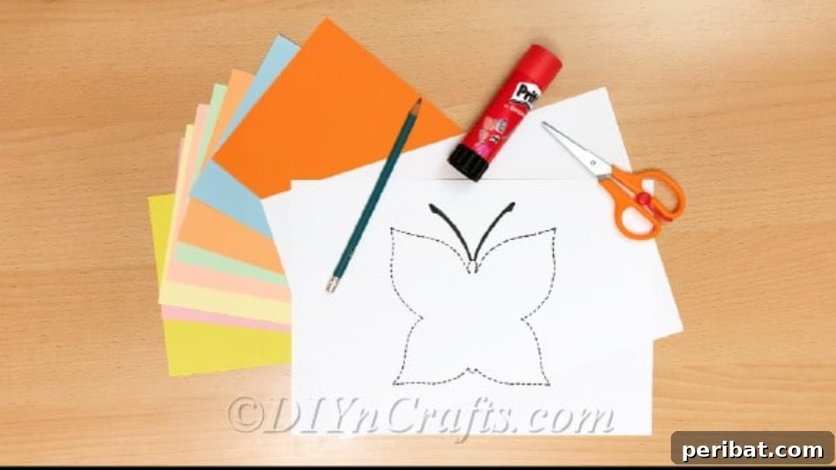 Springtime Flutter: Colorful Paper Butterflies for Little Hands 3 Essential craft supplies for making a paper butterfly: colorful paper, scissors, glue, pencil, and printer.