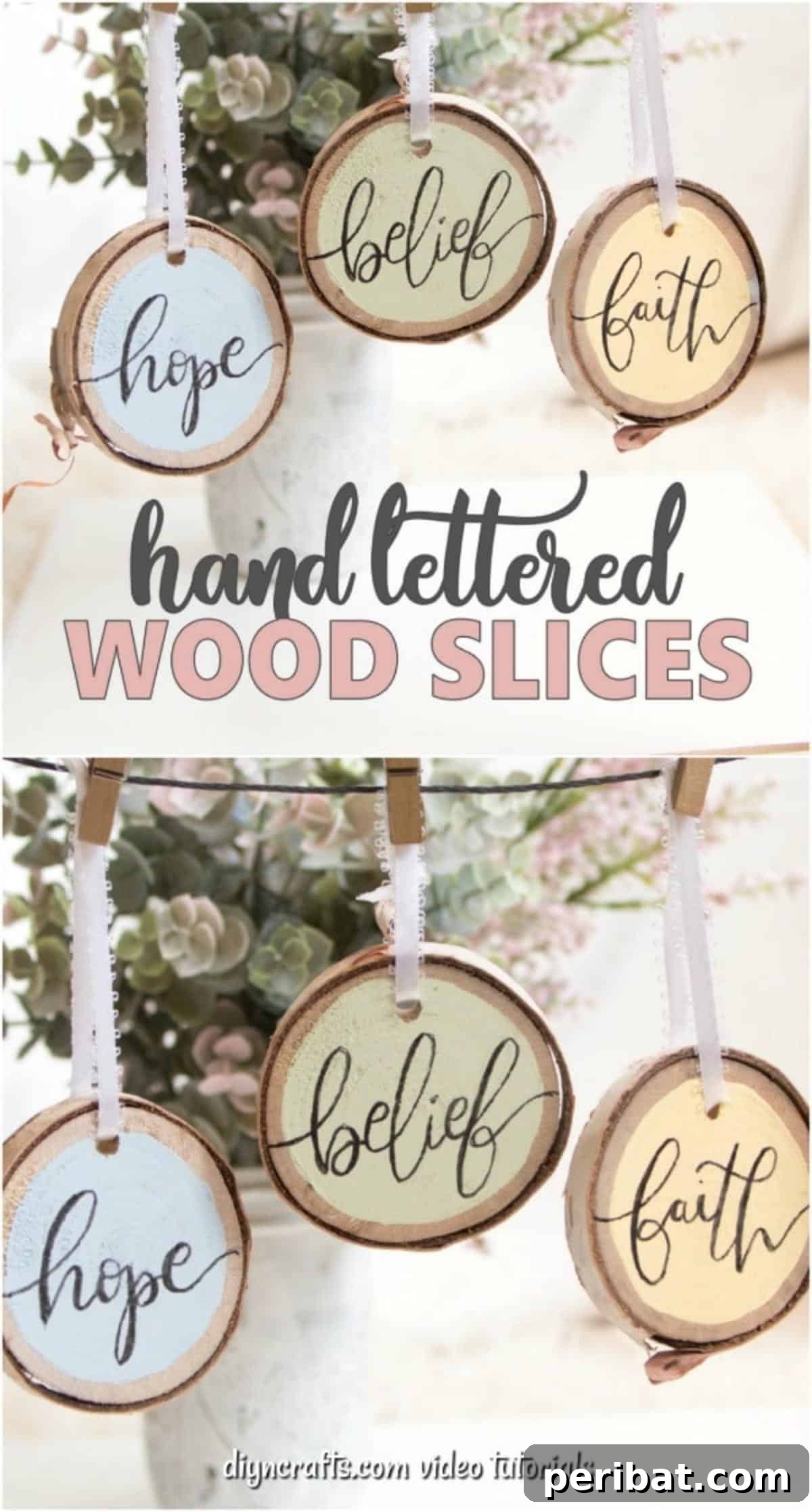 Farmhouse Hand Lettered Wood Slice Easter Decorations 2 Rustic hand-lettered wood slice ornaments for Easter decor, featuring words like 'Faith,' 'Hope,' and 'Belief'