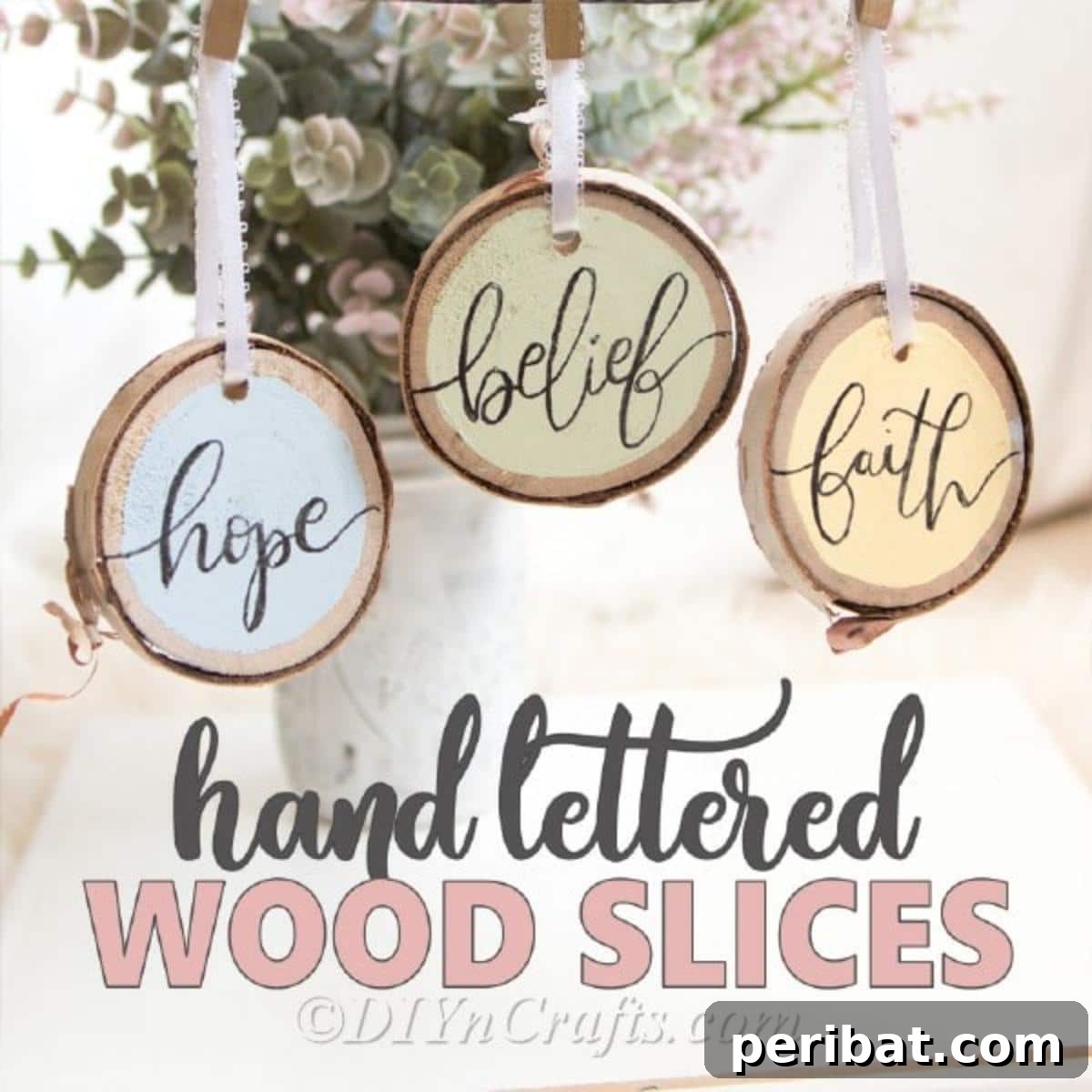 Farmhouse Hand Lettered Wood Slice Easter Decorations 11 Finished rustic wooden hand-lettered slices ready for Easter decorating