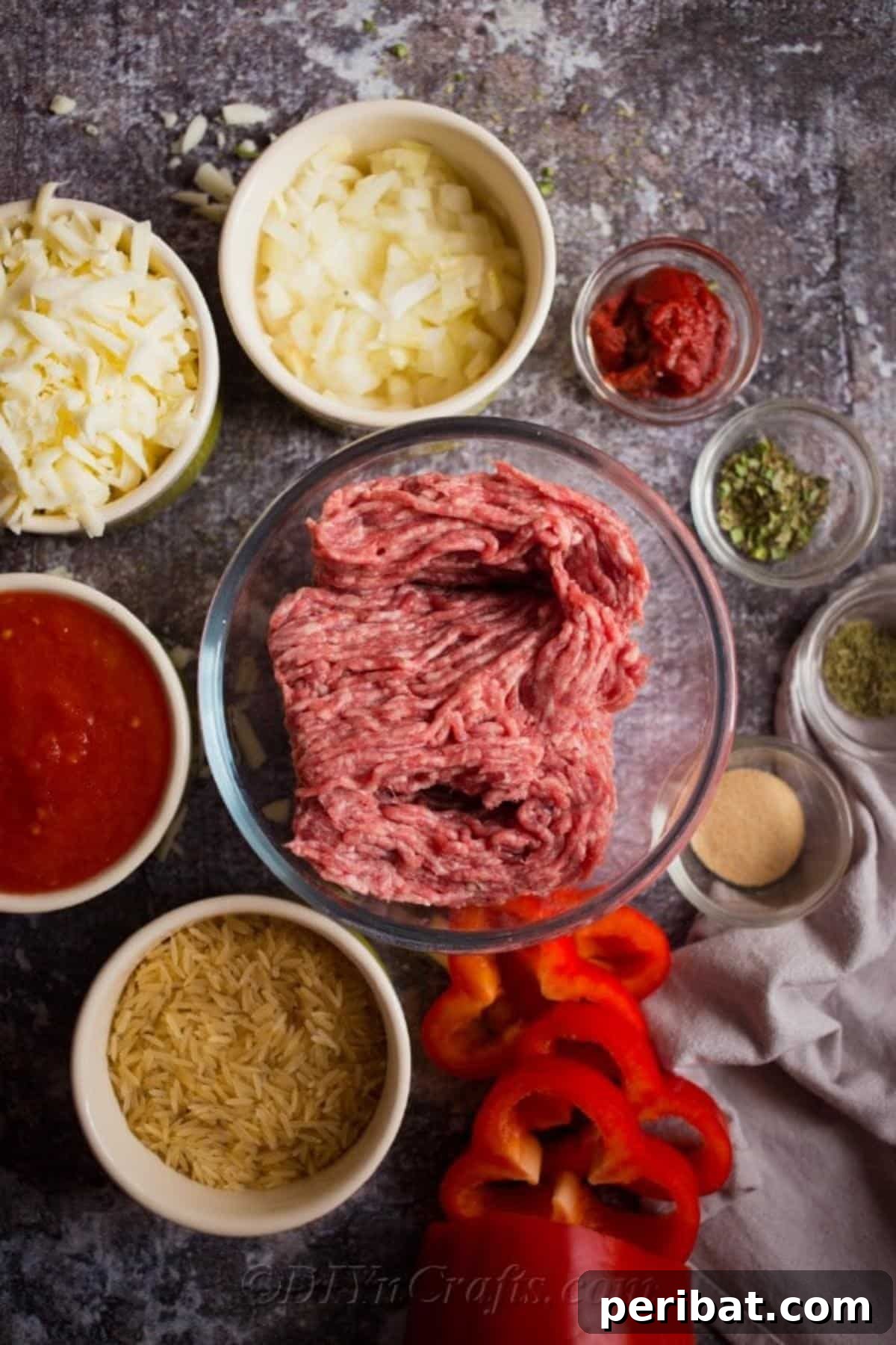 Pepper Casserole Your Busy Weeknight Lifesaver 3 A visual list of fresh ingredients for a delicious stuffed pepper casserole, including bell peppers, ground beef, and cheese