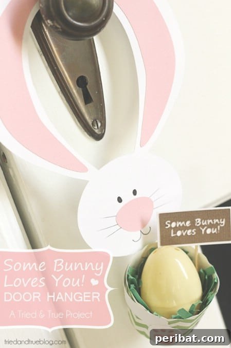 Printable 'Some Bunny Loves You' Easter door hanger with treat basket