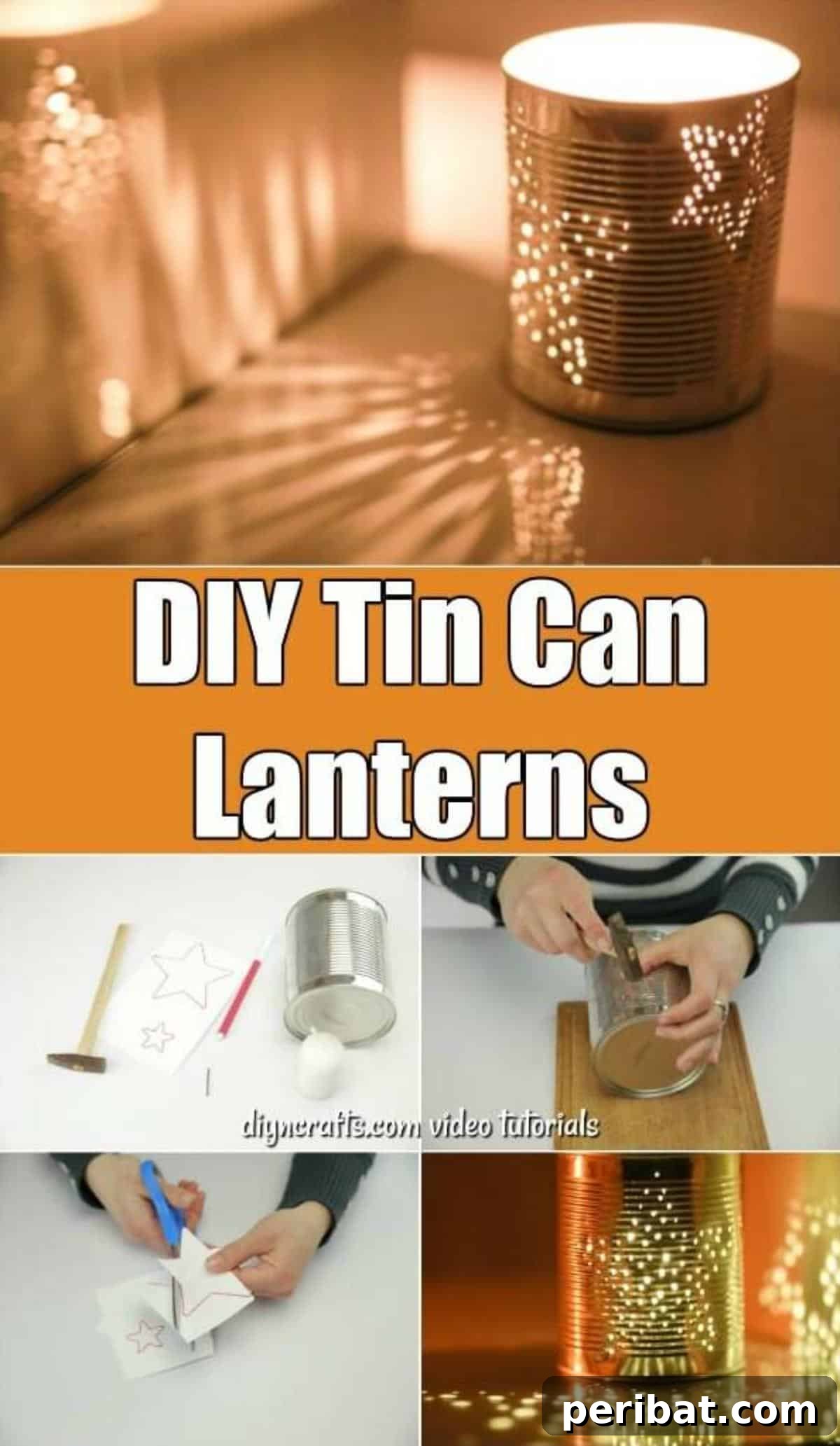 Craft Stunning Lights from Upcycled Tin Cans 2 Beautiful DIY Tin Can Lanterns illuminating an outdoor space, perfect for sustainable home decor.