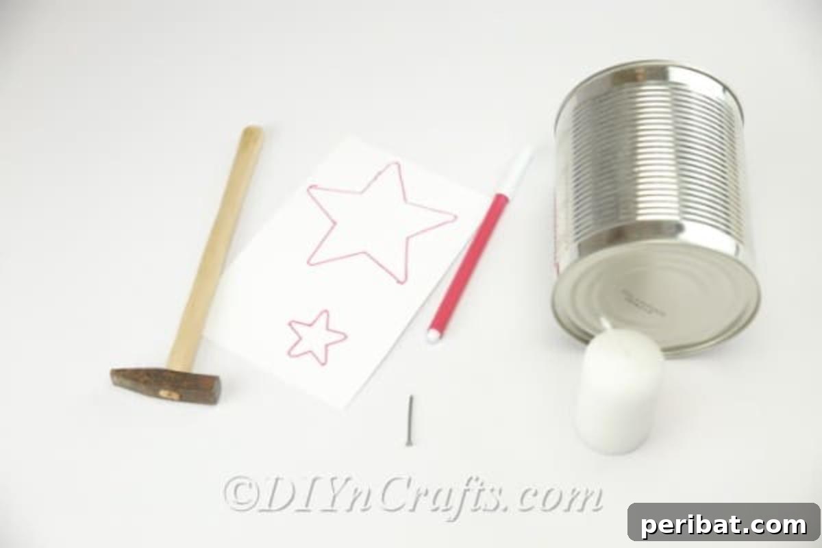 Craft Stunning Lights from Upcycled Tin Cans 6 Supplies neatly arranged for making a DIY tin can luminary, including cleaned cans, templates, and tools.