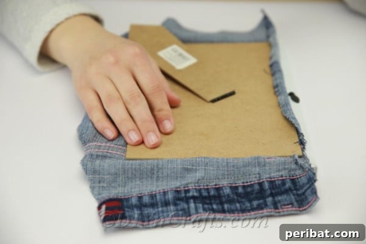 Precisely fitting a denim pocket onto the frame back for a new pen pocket organizer