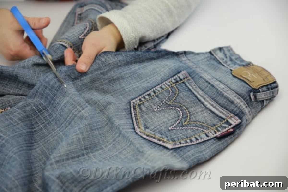 Instructions show how to carefully cut out a pocket from old jeans