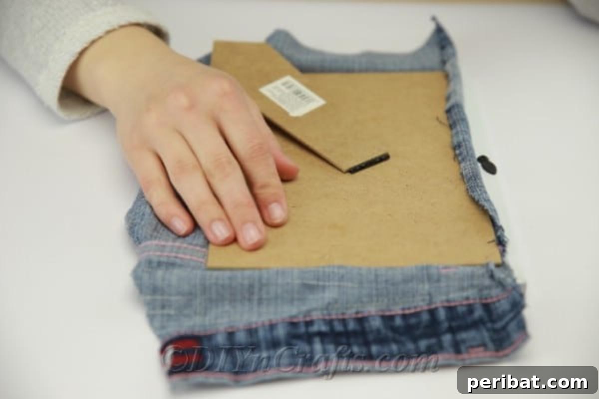 Detail shot of measuring a denim pocket to ensure it fits perfectly inside the chosen picture frame
