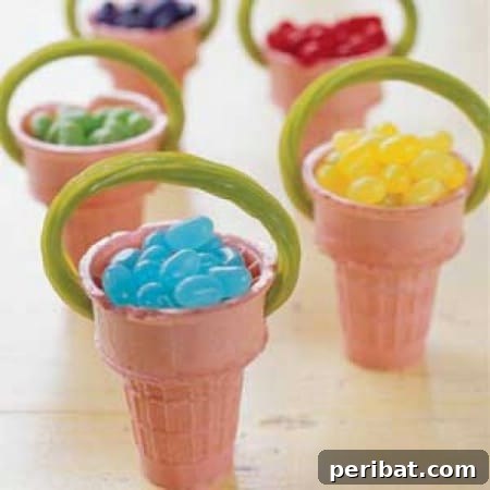Delightful Easter Treats Made Easy 4 Adorable Ice Cream Cone Baskets filled with Easter candies