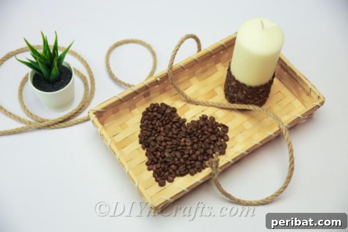 A beautifully arranged coffee bean candle on a decorative tray, surrounded by loose coffee beans, evoking a warm, inviting atmosphere for home decor.
