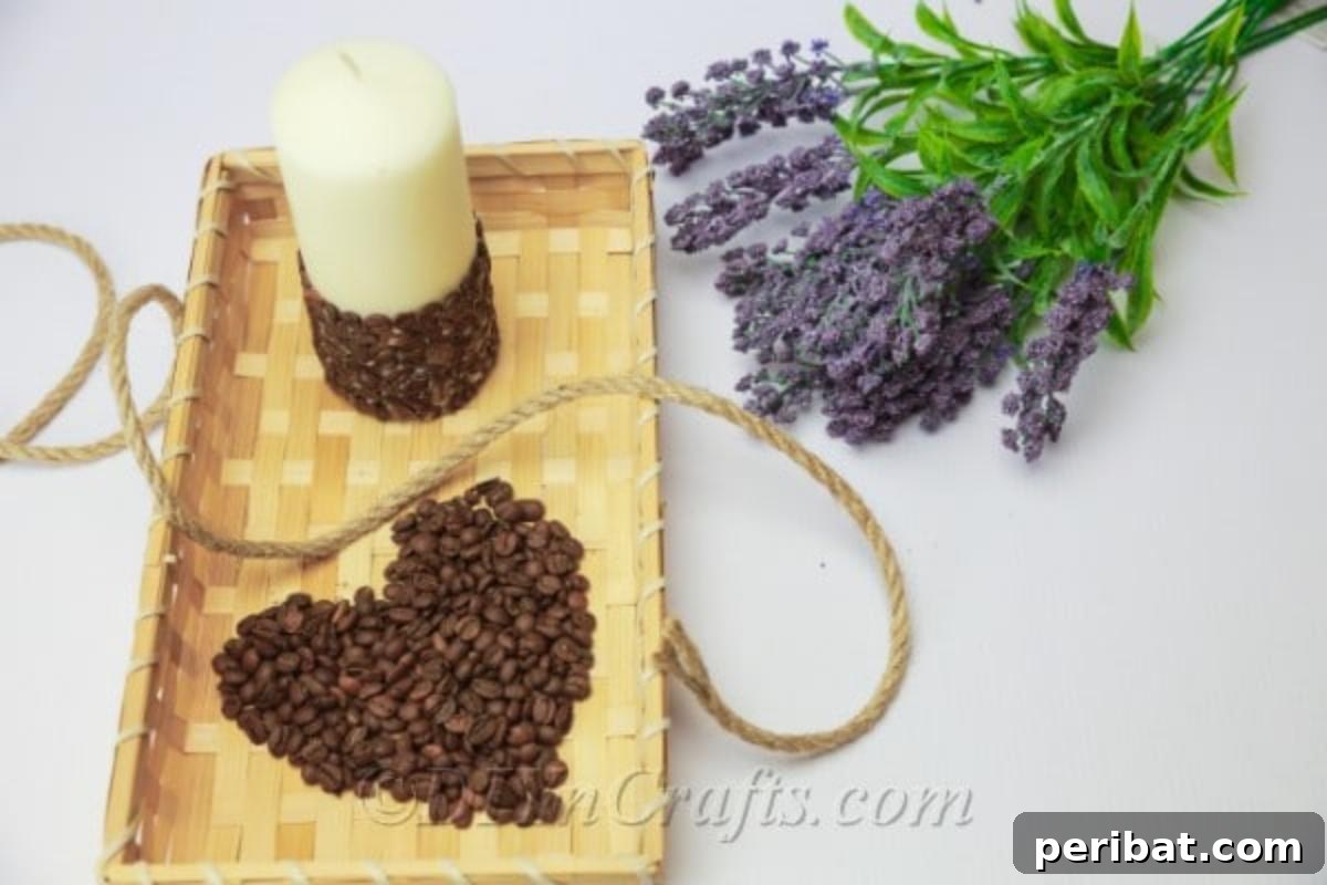 The fully completed DIY coffee bean candle, showcasing its elegant design with coffee beans embedded, ready to enhance any living space.