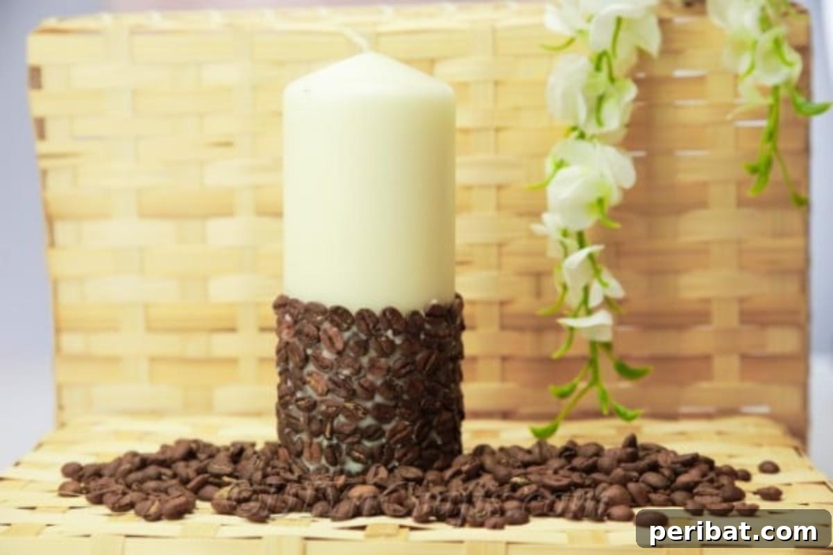 A finished DIY coffee bean candle beautifully nestled in a bed of loose coffee beans, highlighting its rustic charm and aromatic appeal.