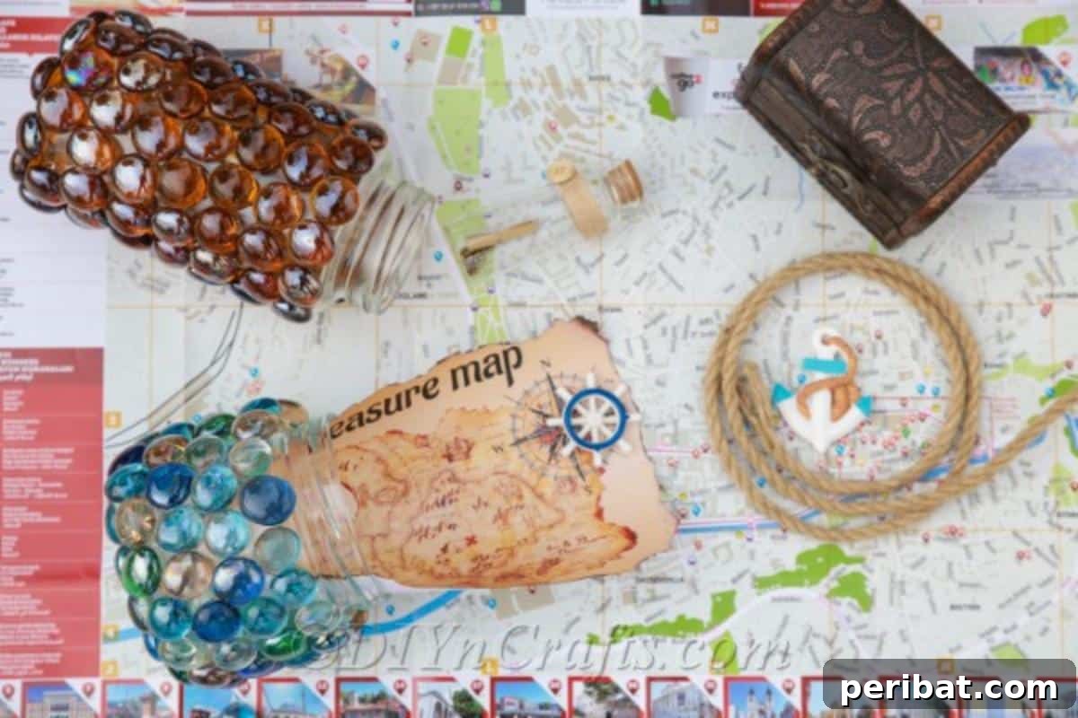 DIY Enchanted Garden Jars 5 Treasure jars in a garden with a treasure map
