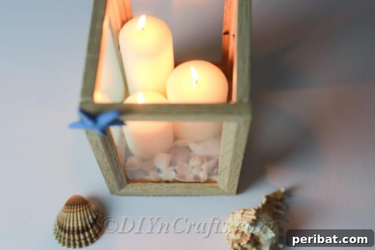 Top view of picture frame lantern showcasing interior decor