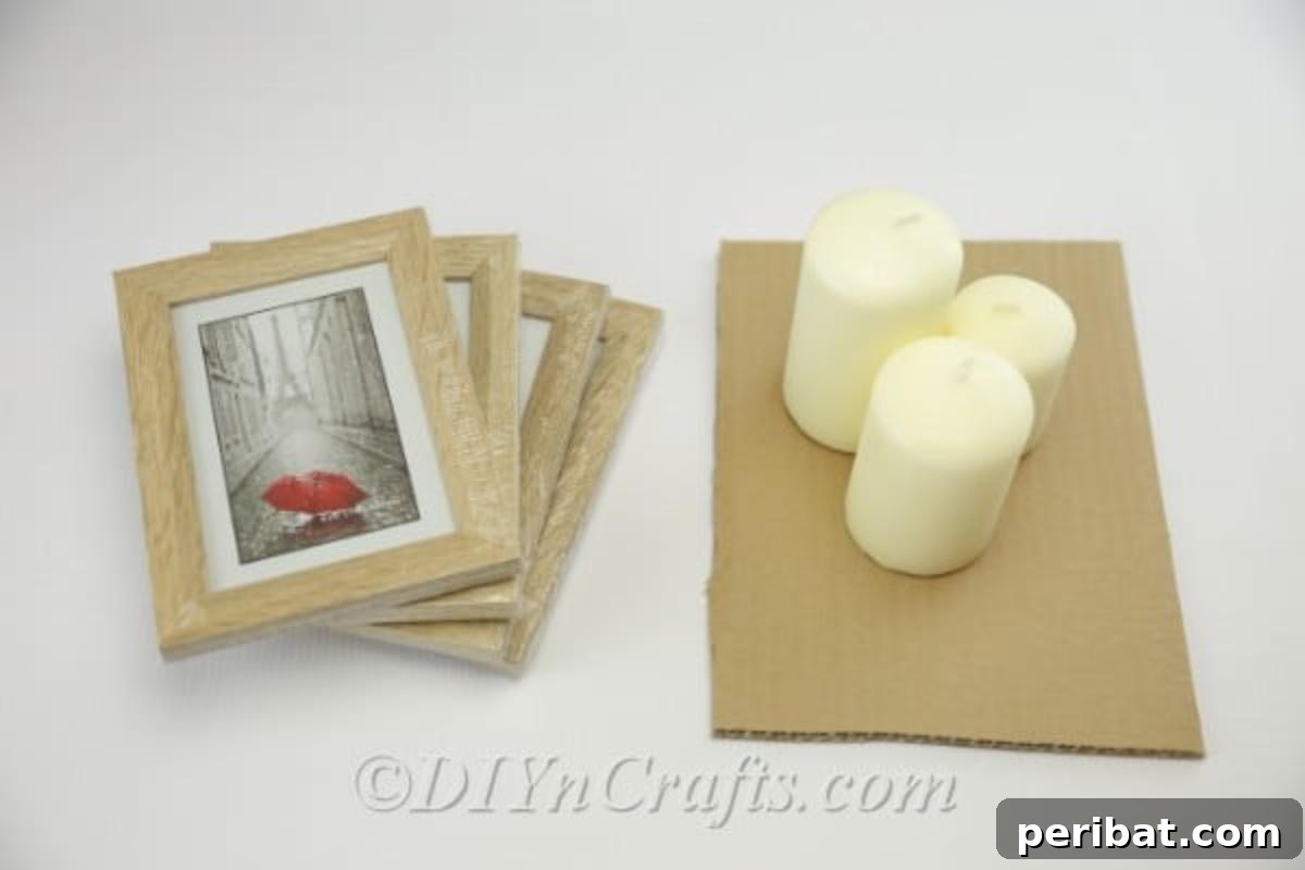 Supplies needed to make farmhouse picture frame lantern, laid out neatly