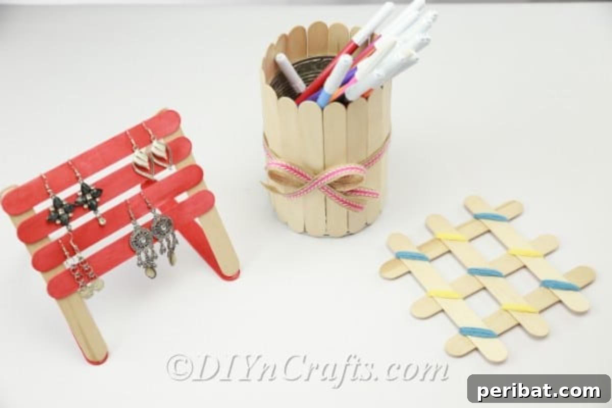 Stick-tacular Creations: 3 Crafts for Every Generation 2 Popsicle stick earring holder, coaster and pencil holder display