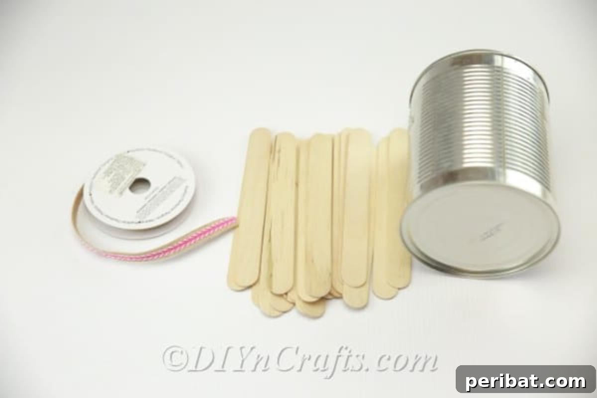 Stick-tacular Creations: 3 Crafts for Every Generation 18 Supplies laid out: empty can, popsicle sticks, hot glue gun, and ribbon for pencil holder
