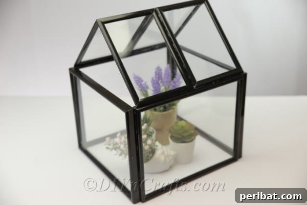 The completed DIY miniature greenhouse made from picture frames, showcasing its full assembled structure.