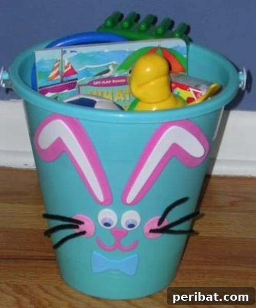 Bunny Pail Easter Baskets made from a plastic pail with a bunny face