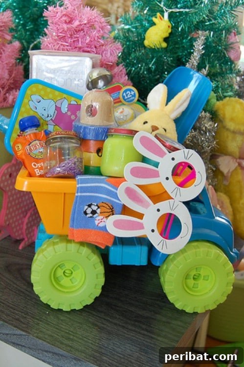 Baby Easter Baskets created from a large toy and filled with baby essentials
