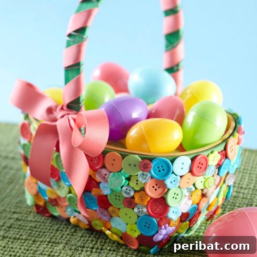 Colorful Button Easter Baskets adorned with an assortment of buttons