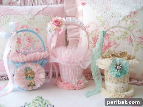 Vintage Victorian Easter Baskets with lace and delicate fabrics