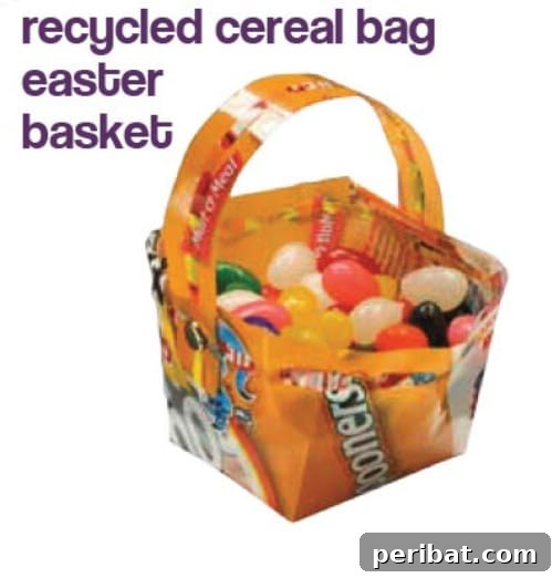 Recycled Cereal Bag Easter Baskets woven from colorful cereal bags