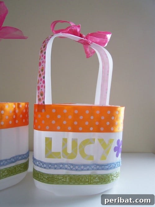 Milk Jug Easter Baskets decorated with fabric and ribbons