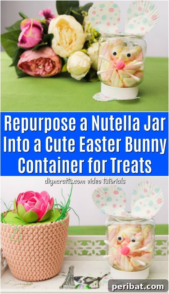 Repurposed Nutella Jar transformed into an Easter Bunny treat holder