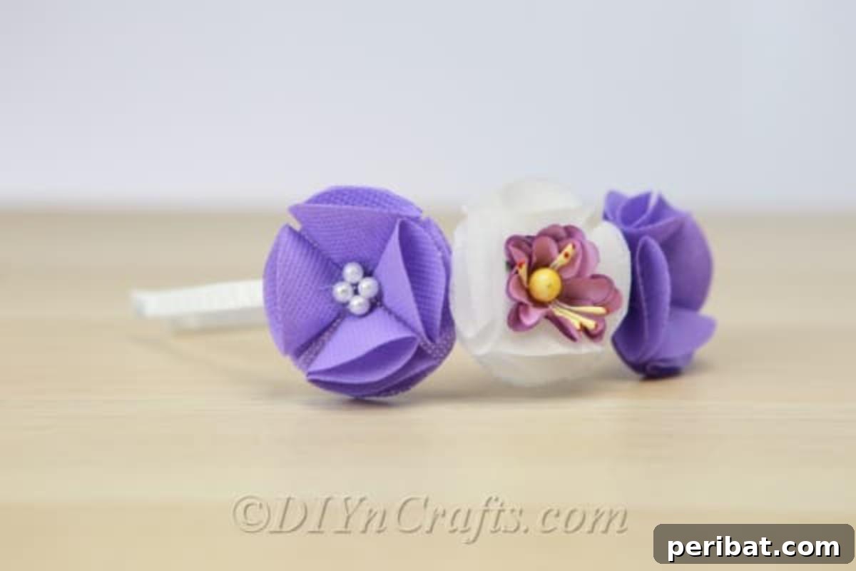 Craft a Beautiful Fabric Flower Headband 3 A close-up image showcasing the detailed craftsmanship of a DIY flower headband, with meticulously arranged fabric petals and central embellishments.