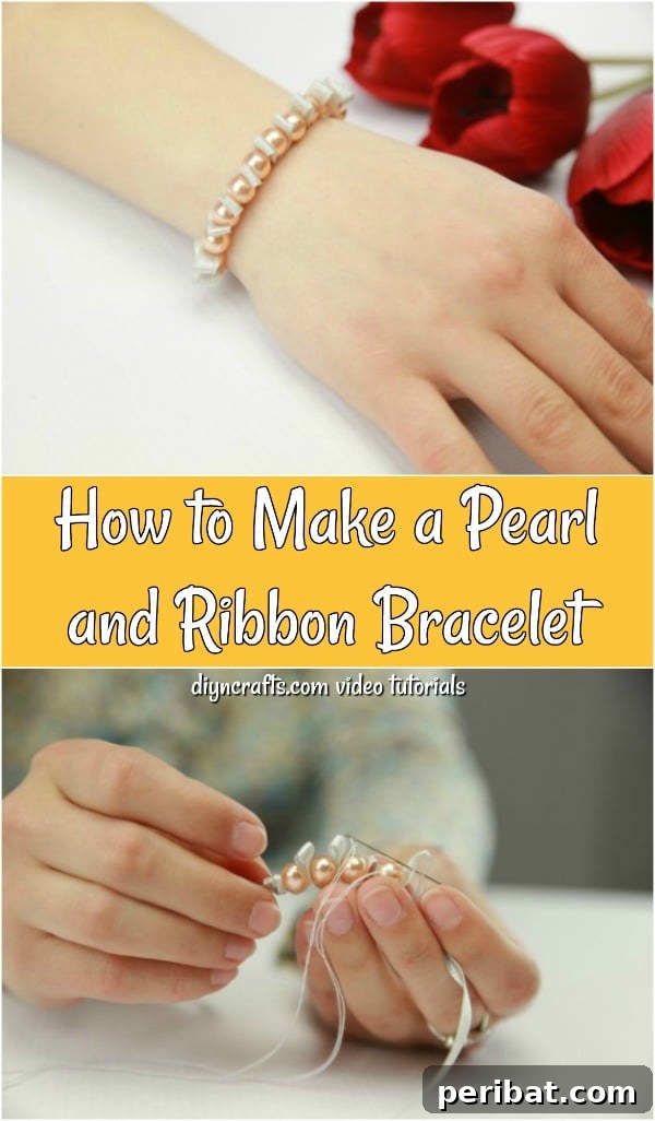 Pinterest pin for pearl and ribbon bracelet