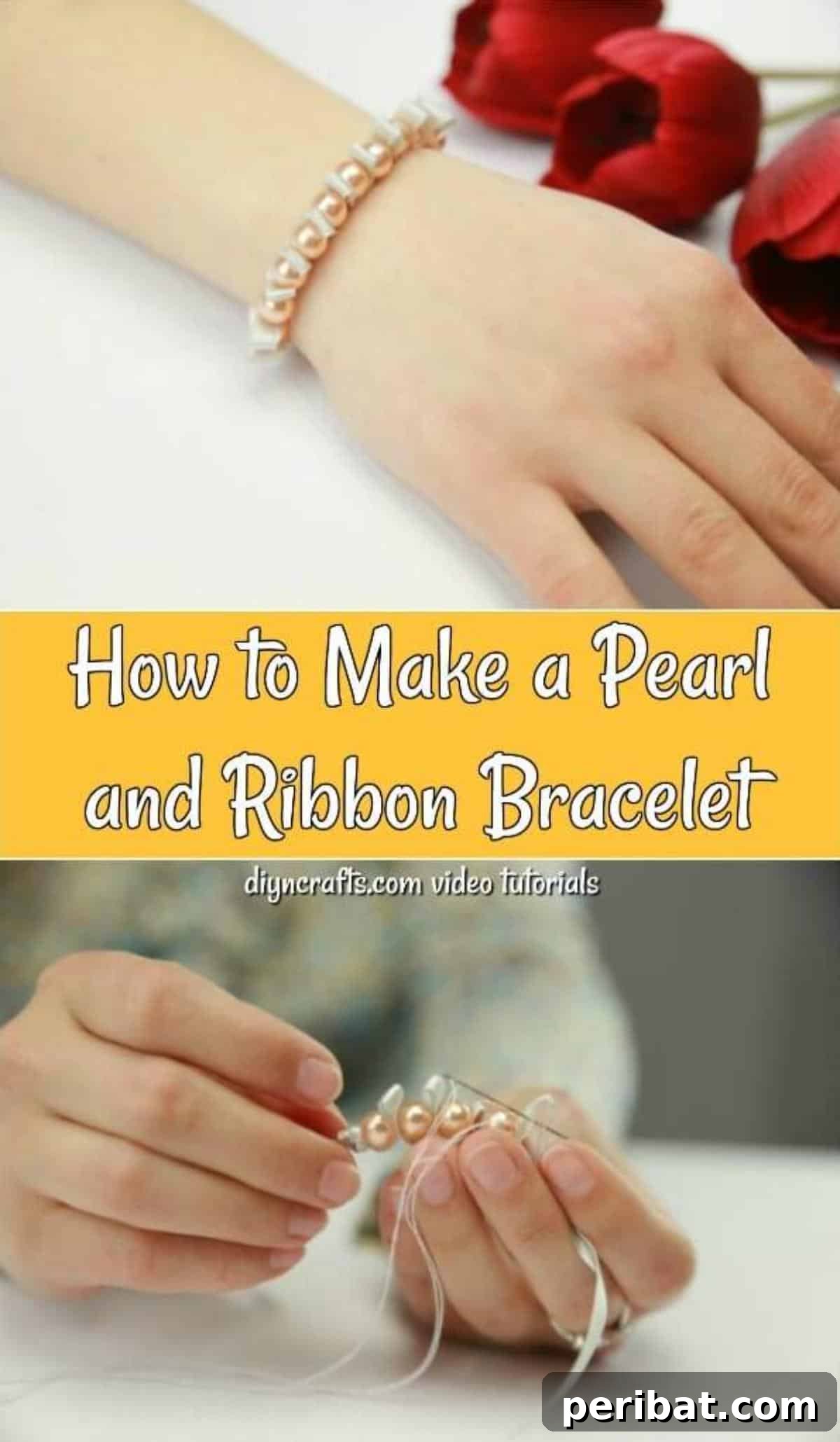 Crafting a Pearl and Ribbon Bracelet 14 How to Make a Pearl and Ribbon Bracelet pinterest image.