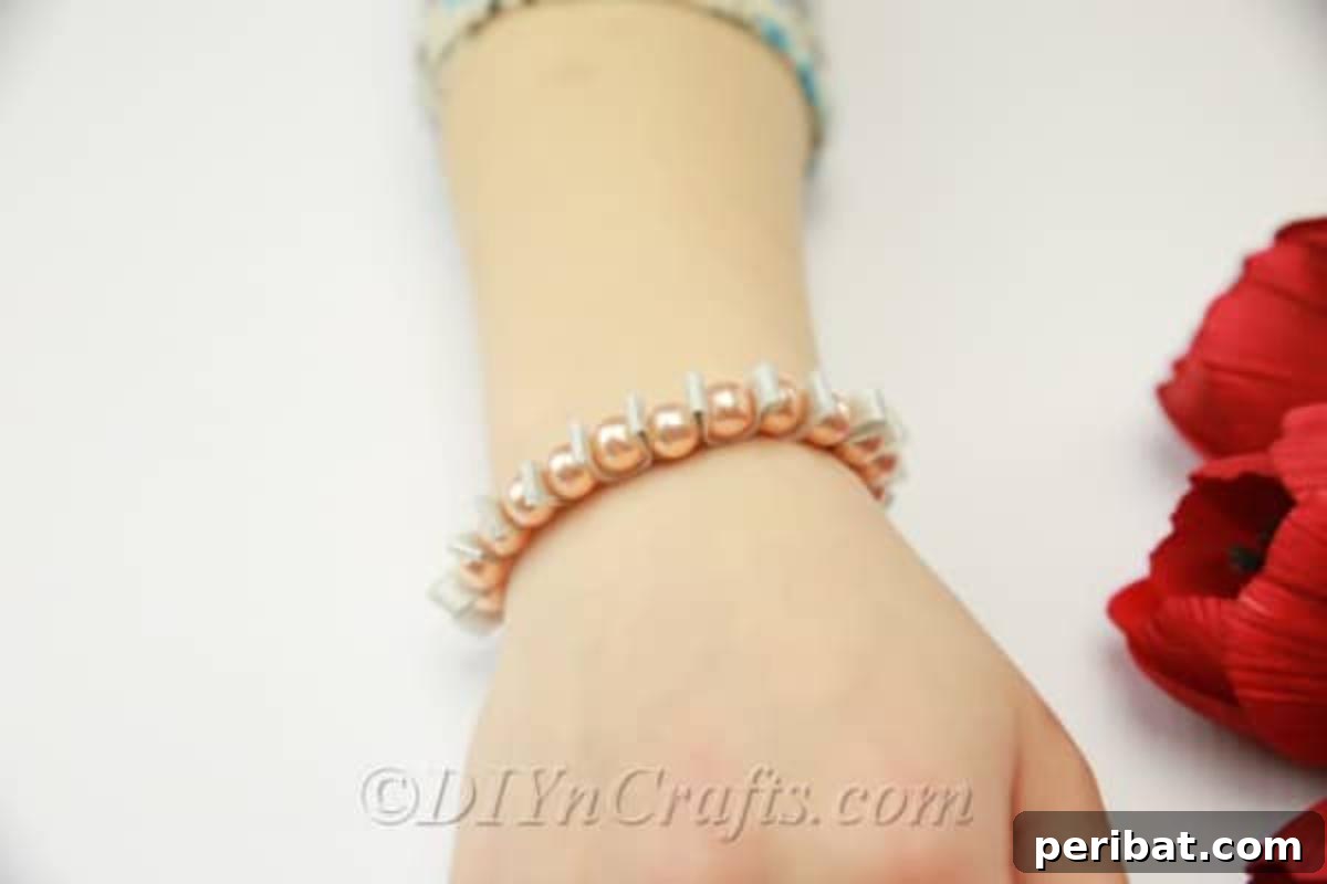 Crafting a Pearl and Ribbon Bracelet 4 Close up image of an elegant pearl and ribbon bracelet