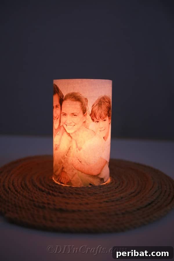 Lit up photo covered candle holder