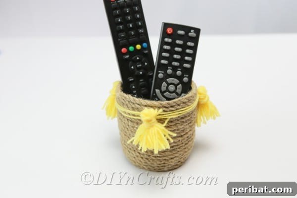 DIY Rope Baskets Elevate Your Storage Style 15 A completed DIY rope basket, neatly holding several remote controls, demonstrating its practical use.